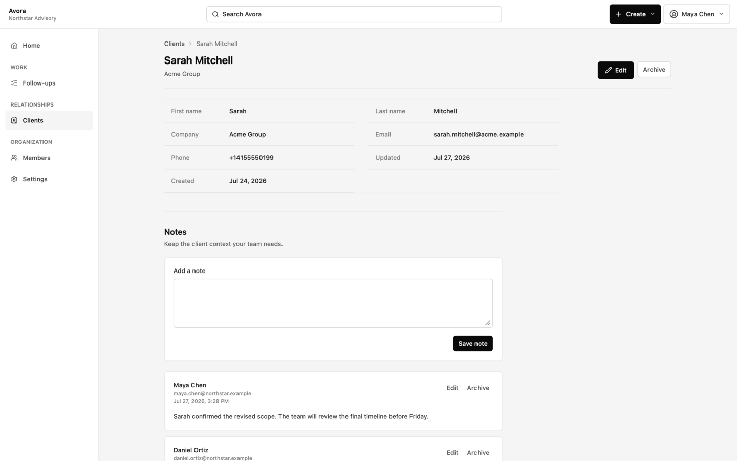 Avora client relationship record showing identity, contact details, and a Notes workspace.